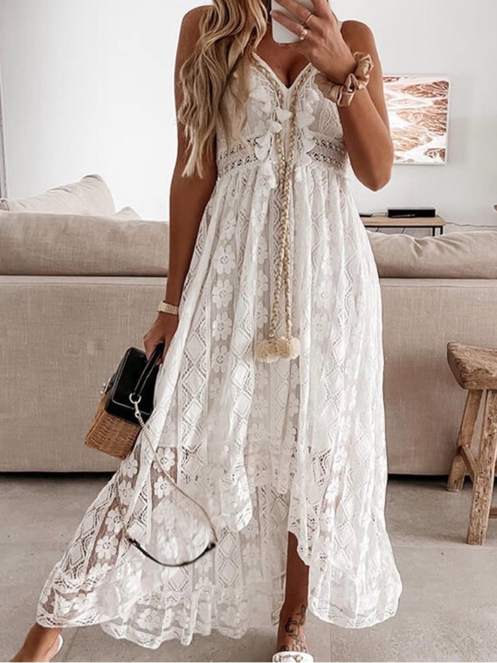 Boho White Womans Lace Maxi Dress with Tassel Tie New